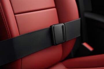 Fototapeta premium A close-up of a black seatbelt secured on a sleek, red car seat, highlighting modern automotive design and safety features.