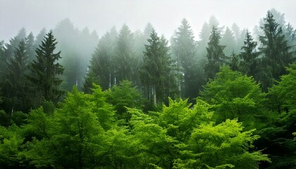 Fototapeta premium The scene captures the dense, lush green trees shrouded in a mystical