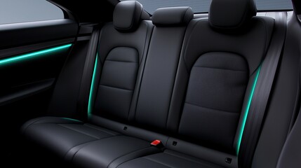 A sleek, modern car back seat featuring black leather upholstery and vibrant teal ambient lighting along the edges.
