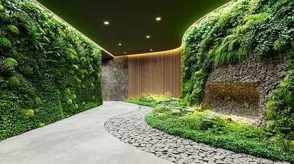 Modern interior with lush vertical gardens and curved pathway.