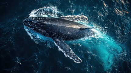 Fototapeta premium Humpback whale breaching ocean waters wildlife photography marine environment aerial view nature conservation