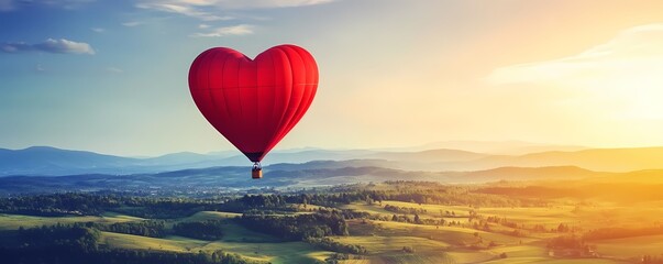 Fototapeta premium Heart-Shaped Hot Air Balloon Wallpaper and Background Over Serene Countryside