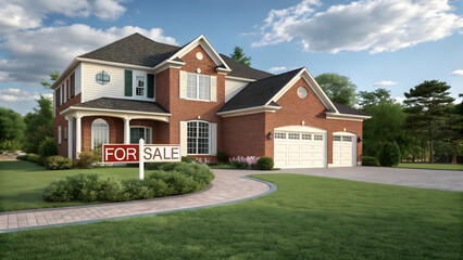 Obraz premium Modern Brick House with For Sale Sign in Residential Neighborhood