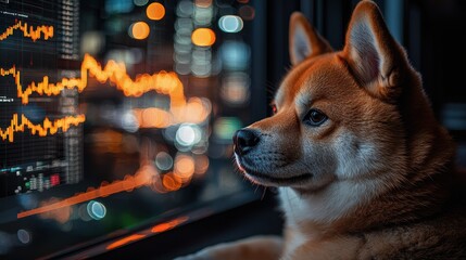 Dog observing stock market trends at night urban setting photography introspective mood close-up perspective