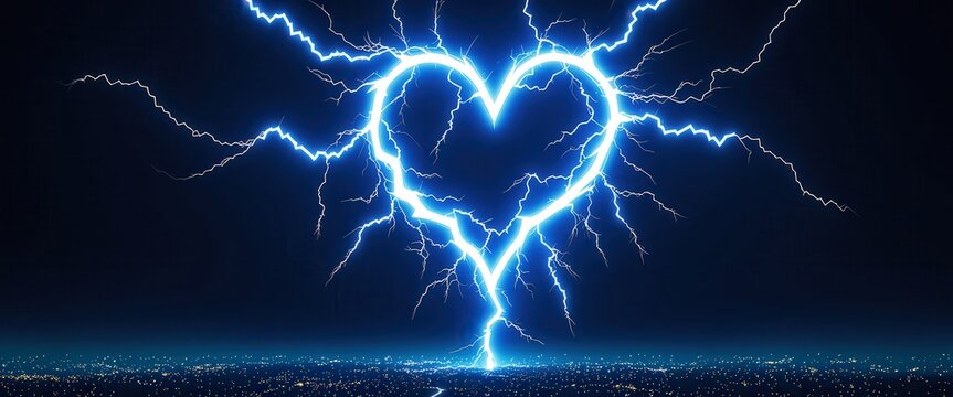 Electric heart shape with lightning over city skyline at night