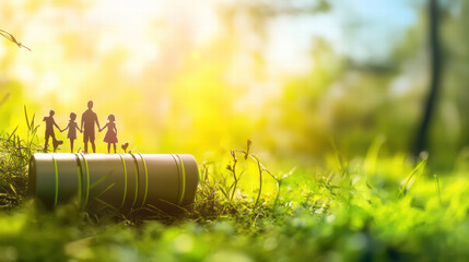 family stands together on battery, symbolizing outdoor activities and sustainability in nature. warm sunlight creates joyful atmosphere, highlighting importance of family time