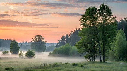 Tranquil Sunrise over Misty Meadow with Lush Green Trees