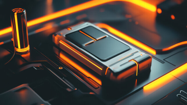 Futuristic battery design with glowing orange accents on sleek surface, ideal for gaming setups and technology enthusiasts