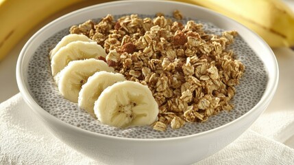 A clean eating concept with a chia pudding bowl garnished with banana slices, granola, and cinnamon, styled on a white ceramic plate with natural shadows