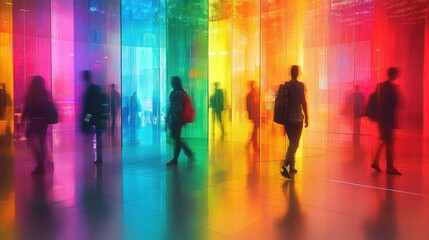 Rainbow Colors in Office Space People Walking Through Abstract Structures