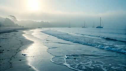 Obraz premium Tranquil Beach Scene with Gentle Waves and Sailboats at Sunrise