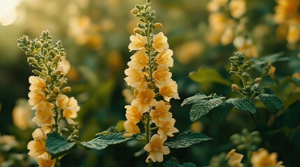 Obraz premium A close-up of vibrant Thai yellow flowers with fresh green leaves, captured in natural sunlight, creating a tropical and refreshing vibe