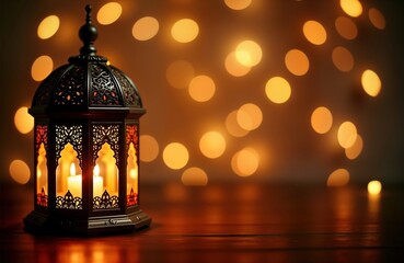 Ornamental Arabic lantern with burning candles glows beautifully at night. Golden bokeh lights create festive ambiance. Ramadan Kareem greeting card invitation. Dark background. Islamic tradition,