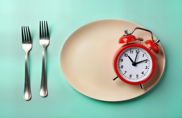 Empty plate with cutlery, alarm clock. Concept of intermittent fasting. Time for lunch. Diet, weight loss tips. Healthy eating habits. Modern lifestyle. Minimalist design. Creative composition. Food,