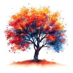 Watercolor Painting of a Tree with Red, Orange, Yellow, and Blue Leaves Isolated on a Transparent Background.