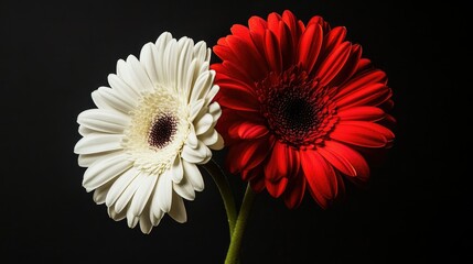 A composition featuring two contrasting gerbera flowers one white and one red, placed side-by-side on a black background