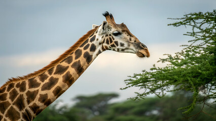 Fototapeta premium Majestic Giraffe Elegantly Grazing Under a Cloudy Sky in Nature