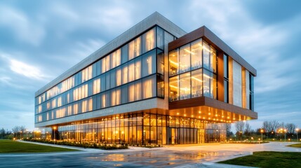 Obraz premium The modern hotel building stands tall against the dark night sky, its sleek glass facade reflecting the twinkling city lights