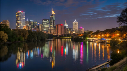 Vibrant Cityscape Reflection at Night Over Calm River Waters