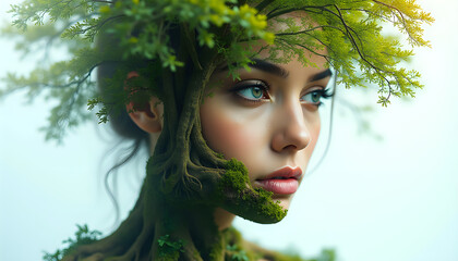 digital art of a woman with a green tree on her head in a forest