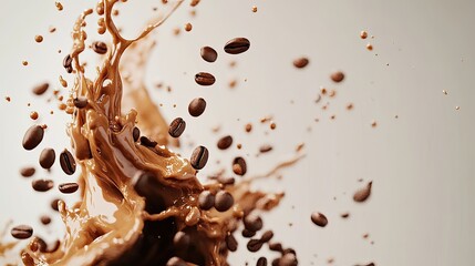Fototapeta premium A creative coffee splash with beans tumbling through the air, frozen in motion against a white background for a fresh and modern look