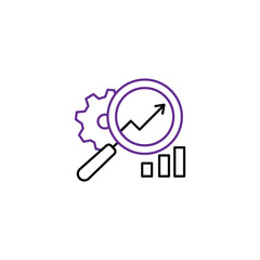 Market research line icon. Attentively examines through magnifying glass how pointers grow, market, get opinions and feedback. Analysis concept.