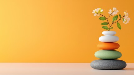 [Gentle movement soft ease calm] Vibrant Floral Vase with Multicolored Stones on Minimalist Background