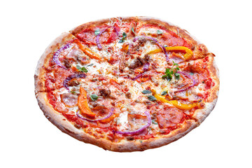 Italian cuisine. Fresh tasty pizza. Pizza with tomato, mozzarella, pepperoni, onion, parmesan and bacon isolated