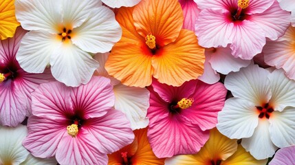 Fototapeta premium A densely layered background of hibiscus flowers in orange, pink, and white, forming a striking floral texture in a garden park