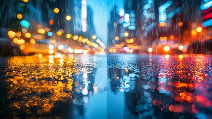 Fototapeta premium Rainy night city street reflections.