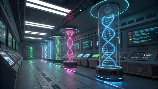Futuristic Laboratory Interior with Neon DNA Helixes and High-Tech Panels