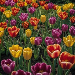 "Tulips in rainbow colors in a manicured garden."