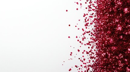 A flat lay of red glittering fake petals scattered across a pristine white background, evoking a festive and glamorous atmosphere