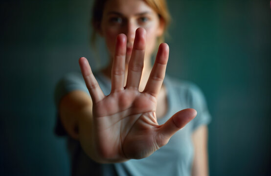 Woman shows stop gesture. Photo expresses opposition to violence, harassment, abuse against women. Image highlights social issues like human trafficking, drug abuse. Powerful visual statement about