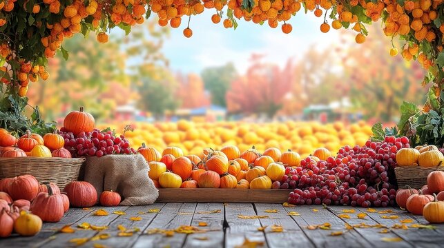 [Harvest Festival festival fairs crops] Fruit Market Scene with Abundant Colorful Fruits Displayed against Natural Archway and Paved Ground