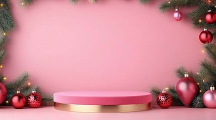 Pink podium with golden edges, surrounded by Christmas ornaments pink background