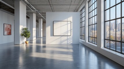 Fototapeta premium Minimalist Office Interior with Large Windows and Blank Canvas for Advertising Space