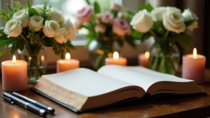 An open book of condolences on the wooden table of the funeral home is surrounded by flickering candles and roses in soft lighting with a copy space