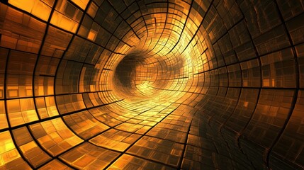 Fototapeta premium A glowing abstract grid of flame and gold hues, curving dynamically in a three-dimensional space with a sense of infinite depth