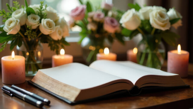 An open book of condolences on the wooden table of the funeral home is surrounded by flickering candles and roses in soft lighting with a copy space