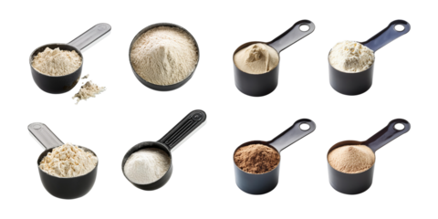 Assorted Powders in Measuring Cups on Transparent Background
