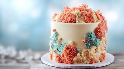 A colorful and ornate cake covered in an array of vibrant and intricate floral decorations, creating a whimsical and enchanting visual spectacle.