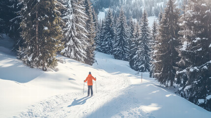 person skiing on snowy trail surrounded by tall evergreen trees, enjoying serene winter landscape. bright orange jacket contrasts beautifully with white snow