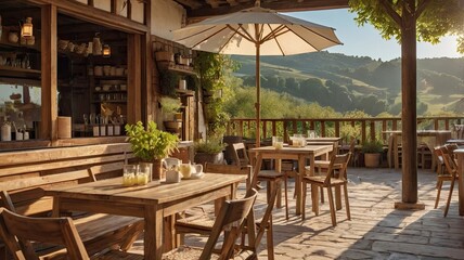Fototapeta premium A restaurant patio with tables and chairs, and an umbrella