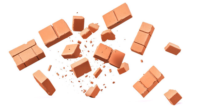 flying red ceramic bricks isolated on white background	