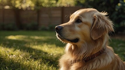 Obraz premium A golden retriever is sitting in the grass, looking at the camera