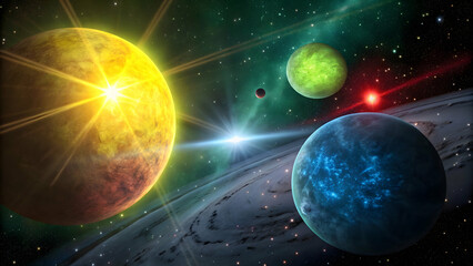 Colorful Space Scene with Bright Planets and Starry Background