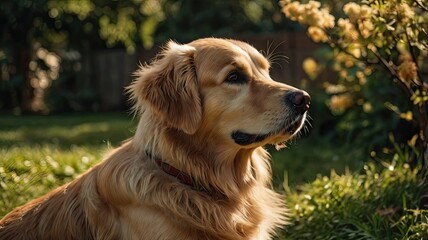 Obraz premium A large golden retriever is laying in the grass, looking up at the camera