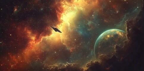 Fototapeta premium Spaceship Navigating a Cosmic Nebula Near a Planet