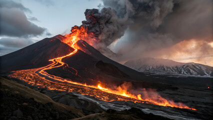 Erupting Volcano with Lava Flow and Ash Cloud in Dramatic Landscape